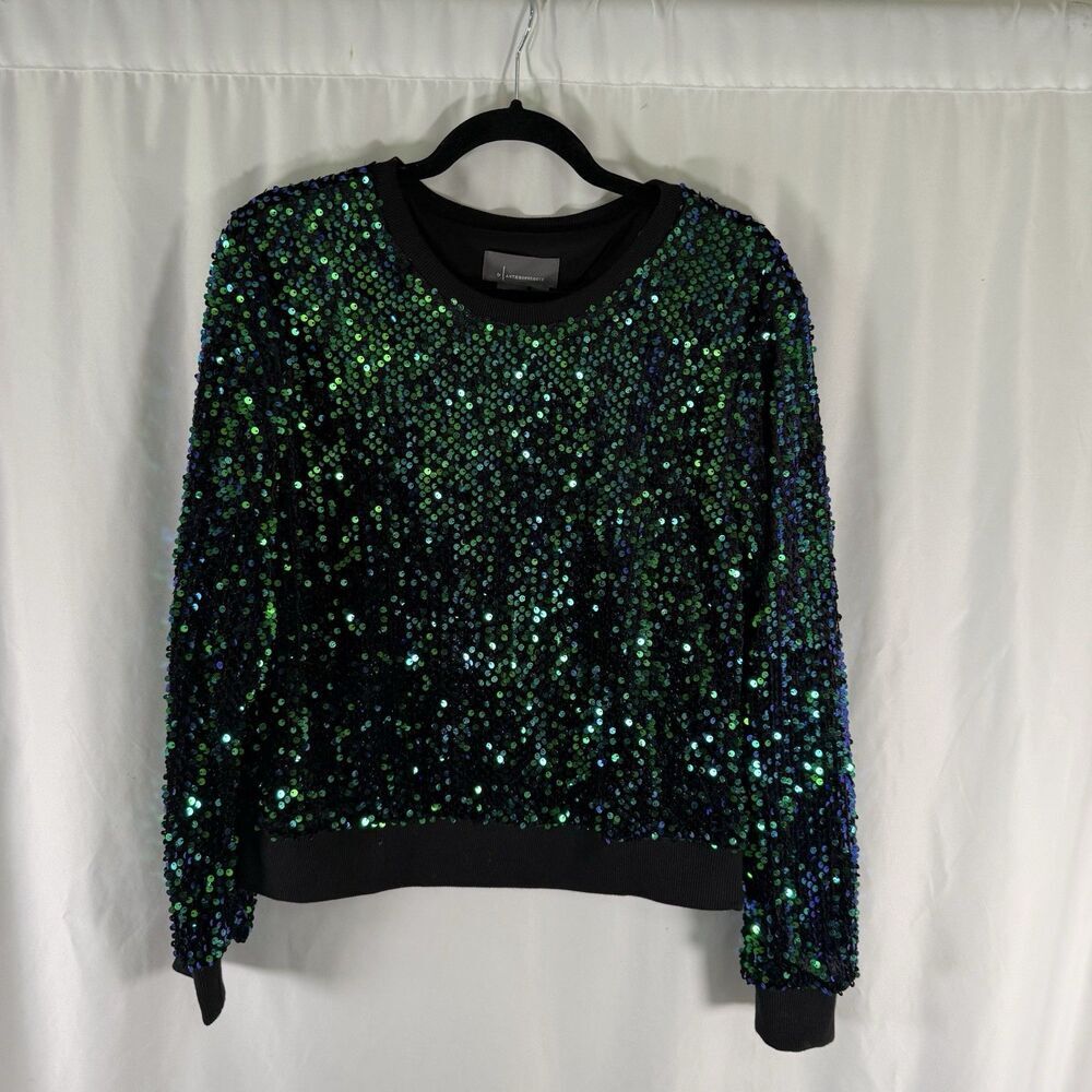 Anthropologie Sequin Sweater Women's Medium Black Green Crewneck Pullover